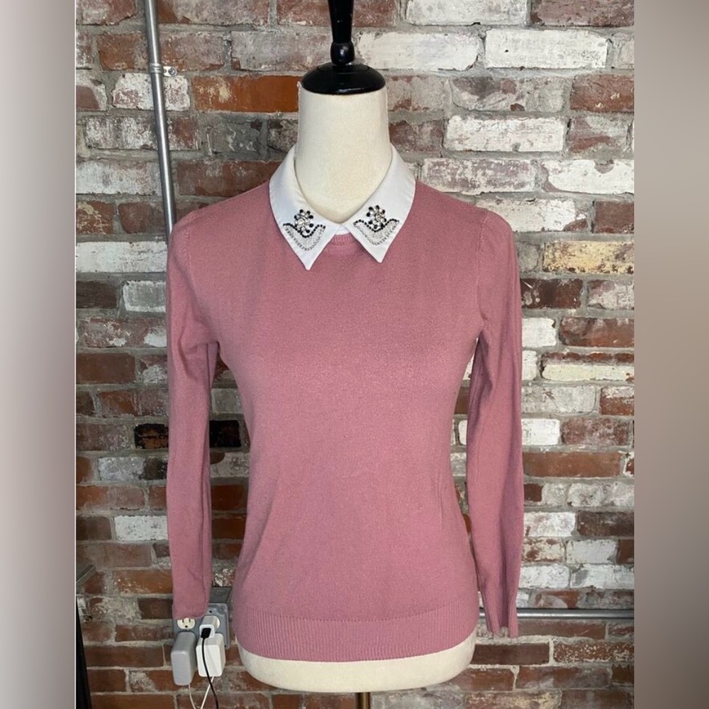 Milano Dusty Rose Sweater with Embellished White Peter Pan Collar